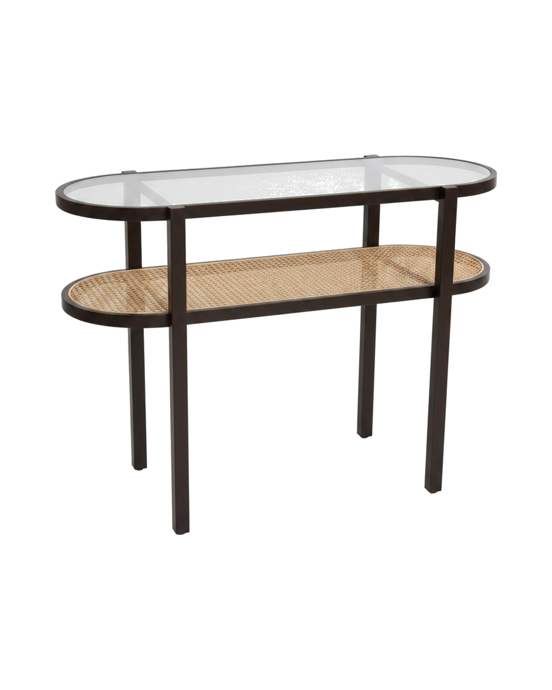 CONSOLA DECORATIVA DE MADERA, VIDRIO Y RATTAN