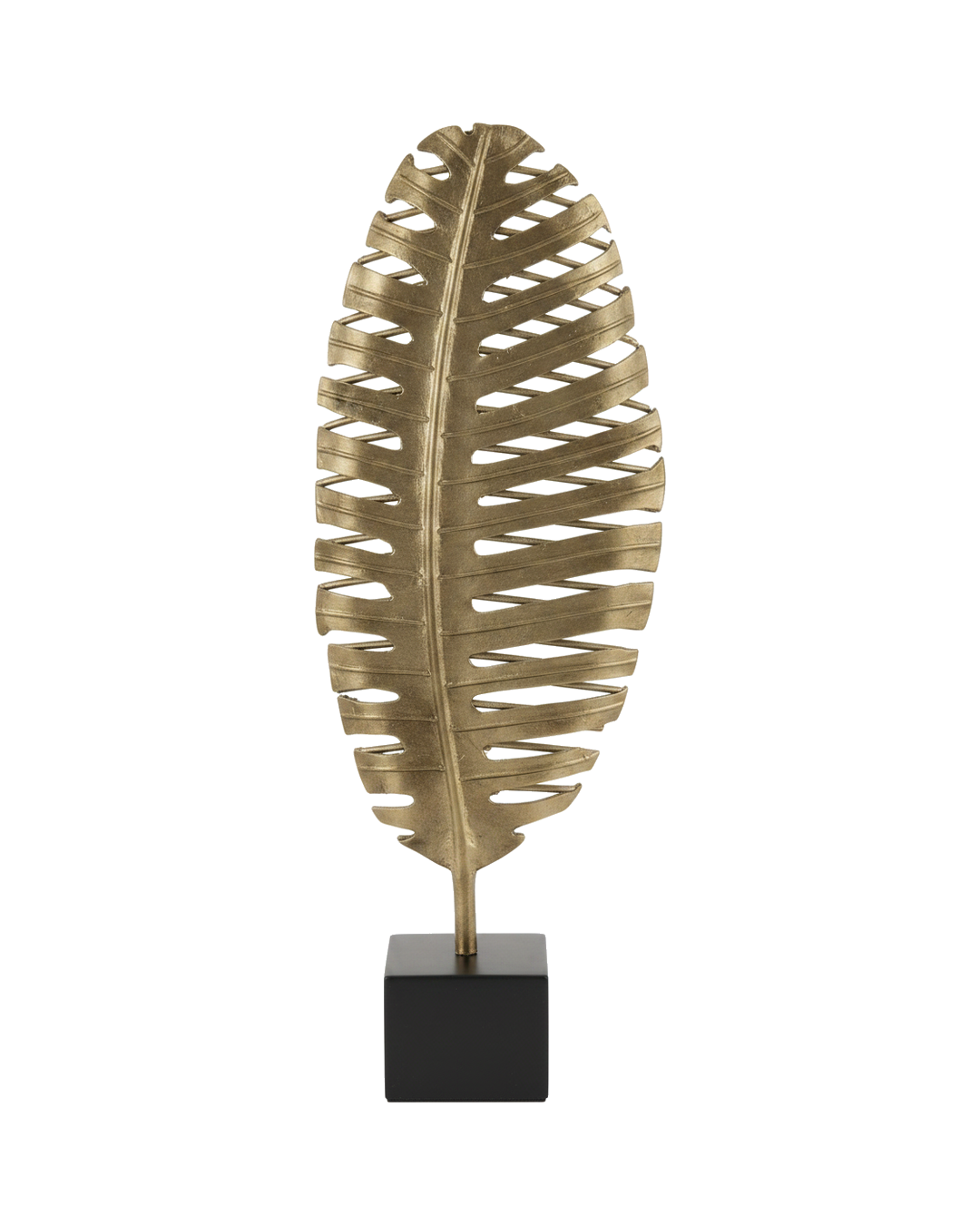ESCULTURA DE HOJA DE ALUMINIO DORADO CON BASE NEGRA