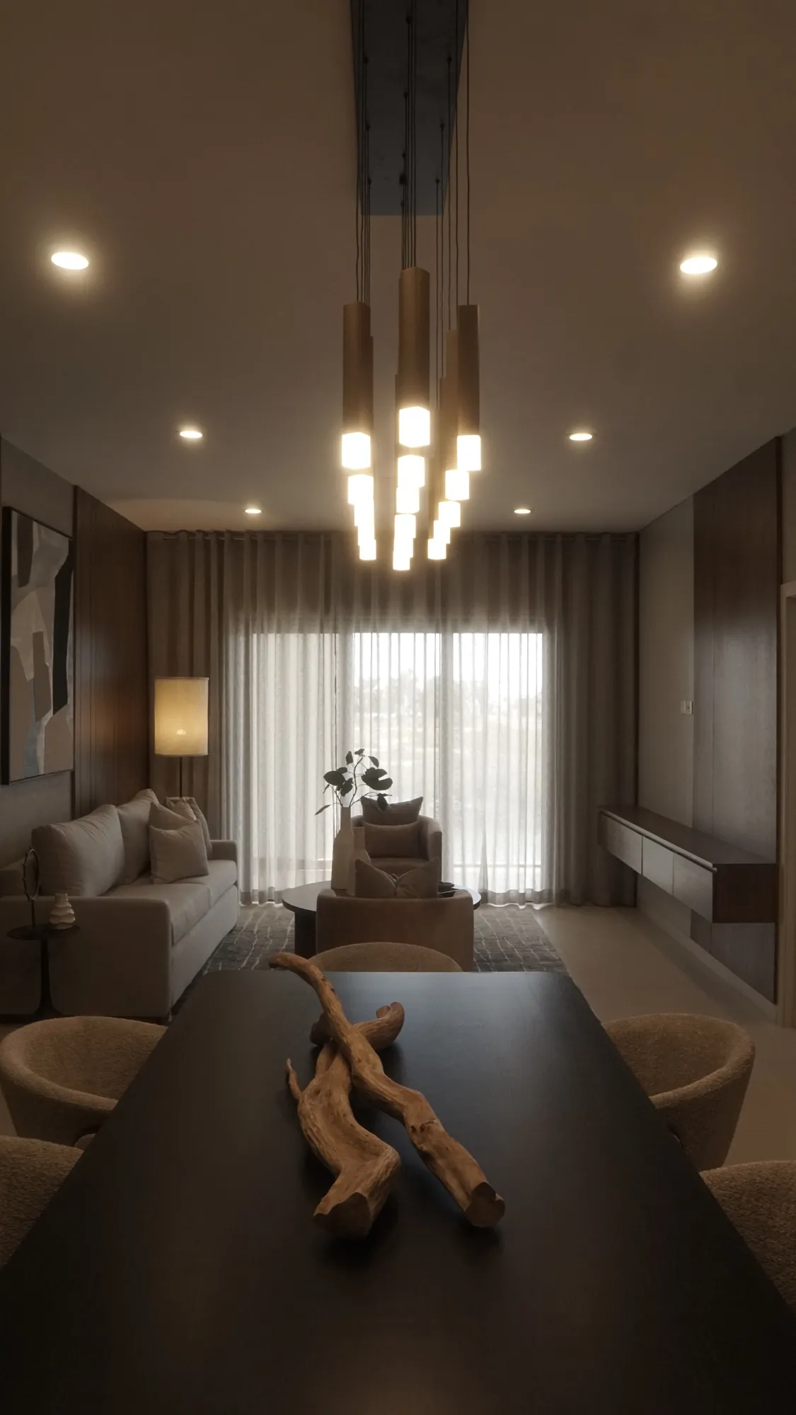 Sala con cortinas a medida y textiles coordinados en Mazatlán