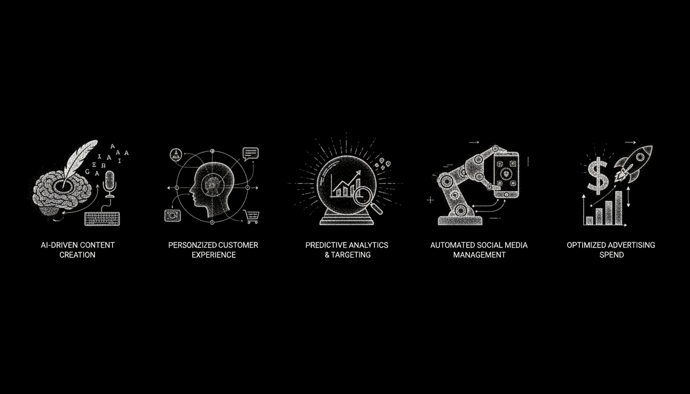 Gráfico que ilustre 5 iconos representando cada estrategia de IA para marketing digital en PyMEs - alt="Estrategias de inteligencia artificial para marketing digital en pymes"