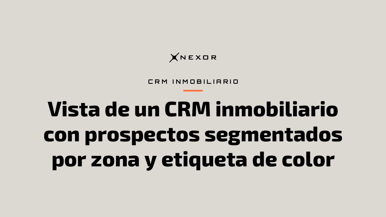 Vista de un CRM inmobiliario con prospectos segmentados por zona y etiqueta de color