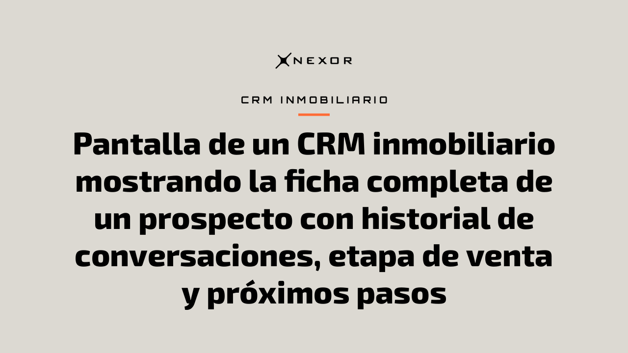 Pantalla de un CRM inmobiliario mostrando la ficha completa de un prospecto con historial de conversaciones, etapa de venta y próximos pasos