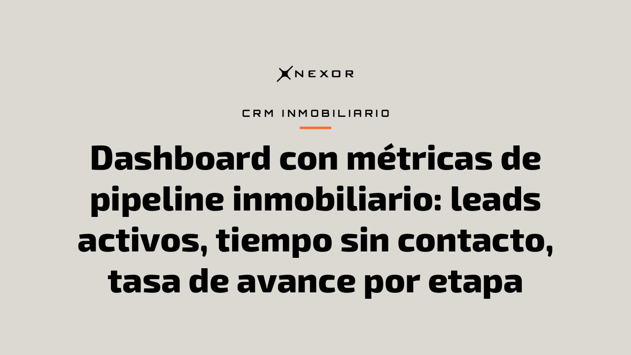Dashboard con métricas de pipeline inmobiliario: leads activos, tiempo sin contacto, tasa de avance por etapa