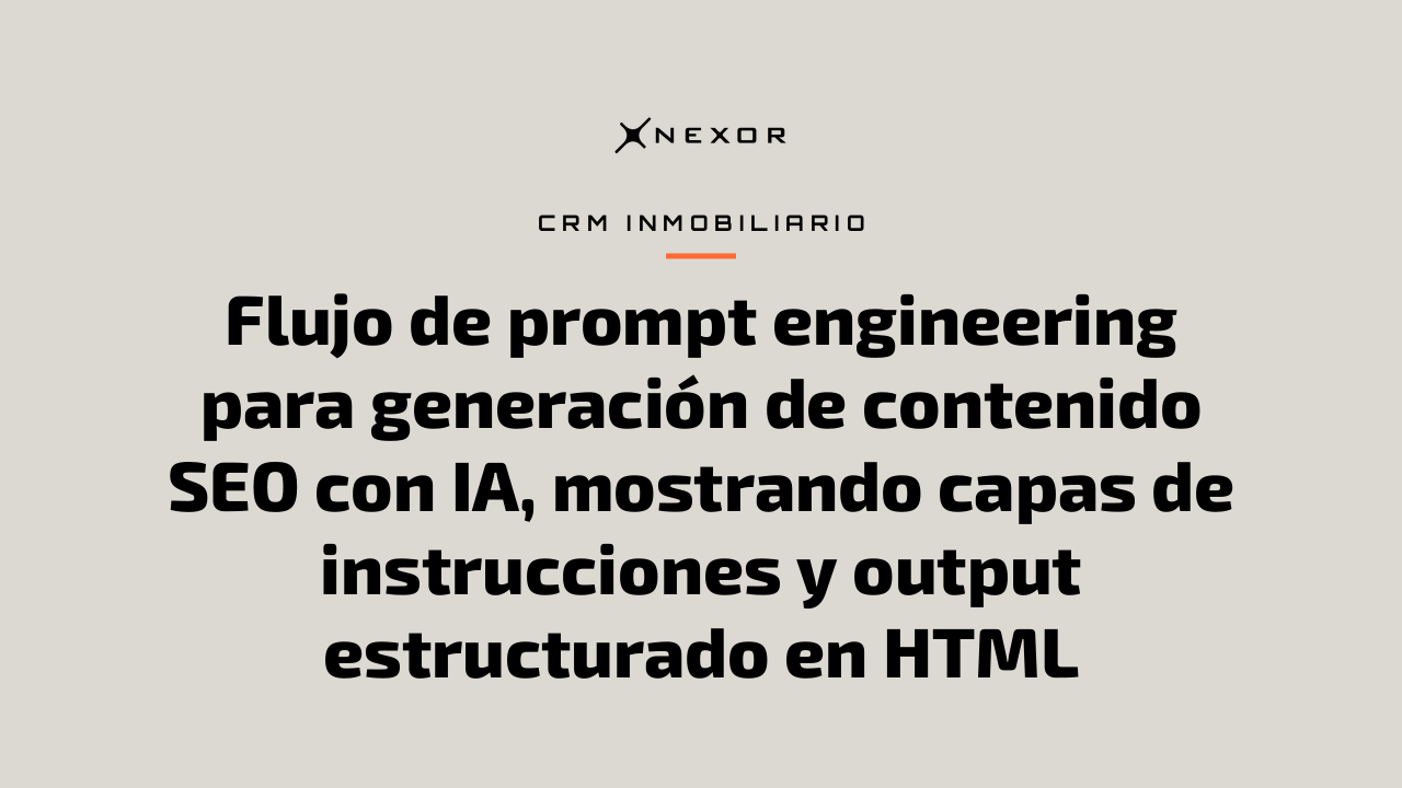 Flujo de prompt engineering para generación de contenido SEO con IA, mostrando capas de instrucciones y output estructurado en HTML
