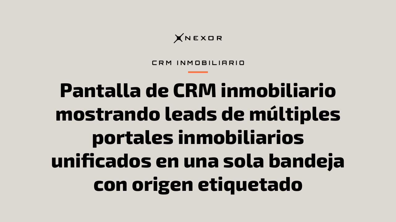 Pantalla de CRM inmobiliario mostrando leads de múltiples portales inmobiliarios unificados en una sola bandeja con origen etiquetado