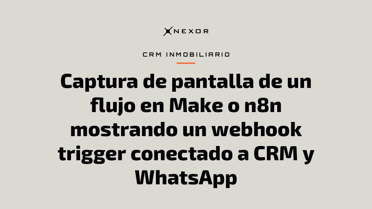 Captura de pantalla de un flujo en Make o n8n mostrando un webhook trigger conectado a CRM y WhatsApp