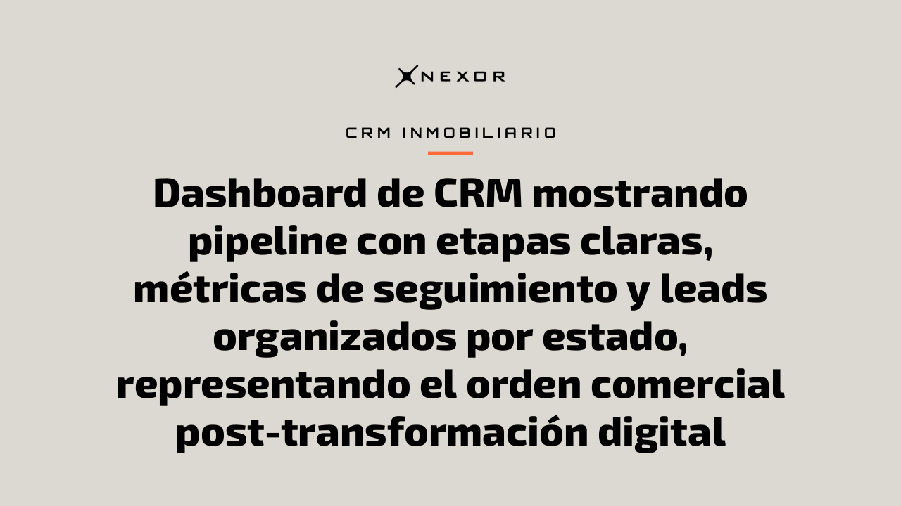 Dashboard de CRM mostrando pipeline con etapas claras, métricas de seguimiento y leads organizados por estado, representando el orden comercial post-transformación digital
