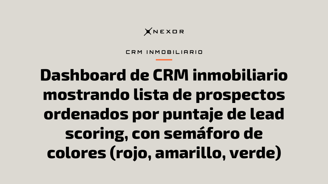 Dashboard de CRM inmobiliario mostrando lista de prospectos ordenados por puntaje de lead scoring, con semáforo de colores (rojo, amarillo, verde)
