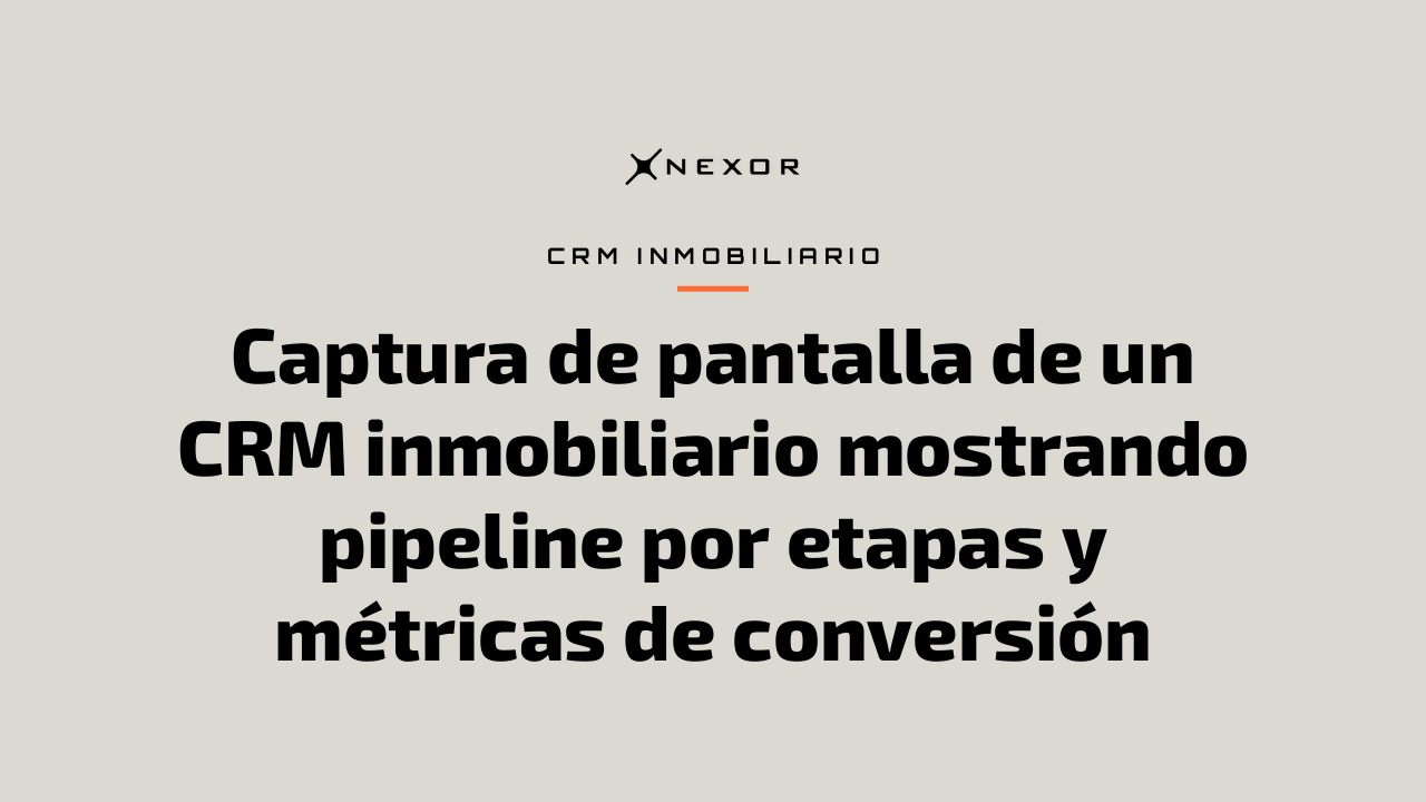 Captura de pantalla de un CRM inmobiliario mostrando pipeline por etapas y métricas de conversión