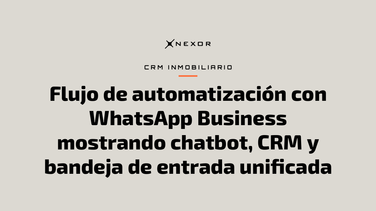 Flujo de automatización con WhatsApp Business mostrando chatbot, CRM y bandeja de entrada unificada